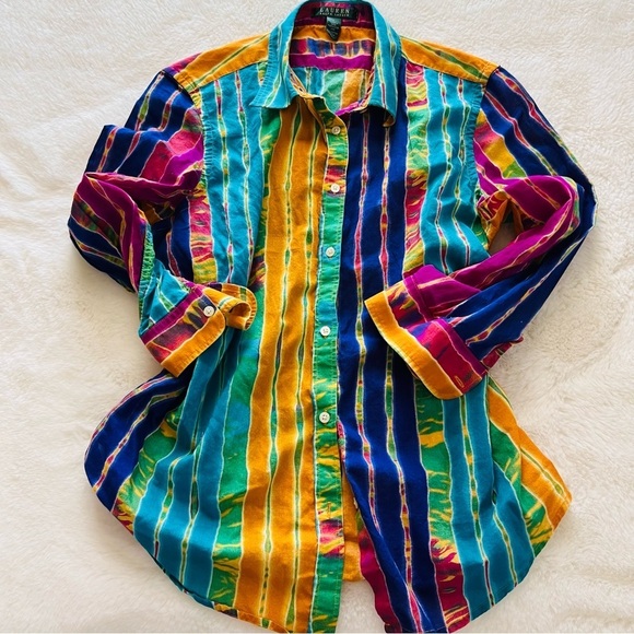 Ralph Lauren Tops - Vintage Lauren Ralph Lauren Multicolor Striped Button-Up Shirt Size L.